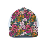 Tropical Flowers Pattern Print White Mesh Trucker Cap