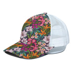 Tropical Flowers Pattern Print White Mesh Trucker Cap