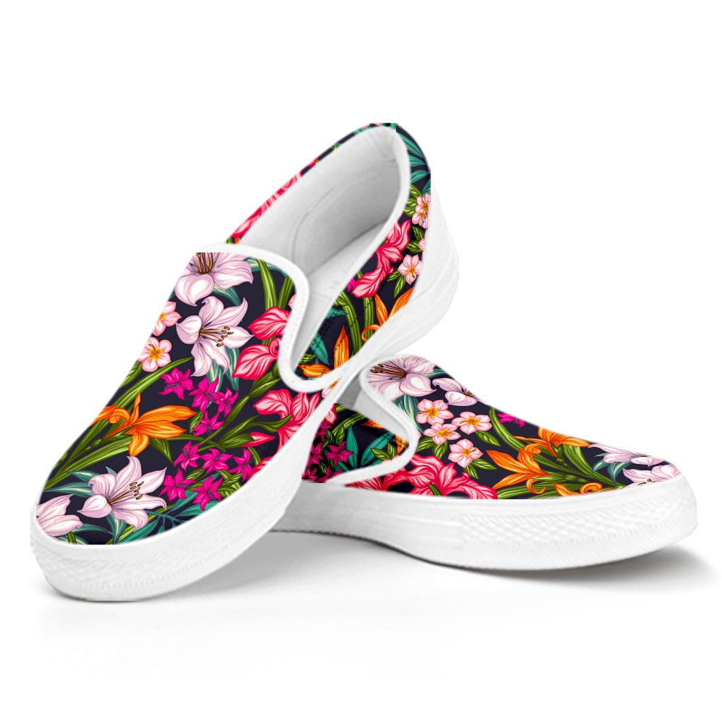 Tropical Flowers Pattern Print White Slip On Sneakers