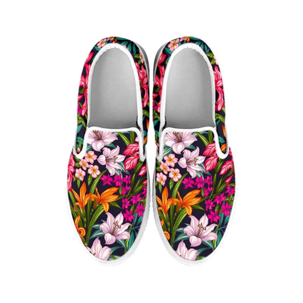 Tropical Flowers Pattern Print White Slip On Sneakers