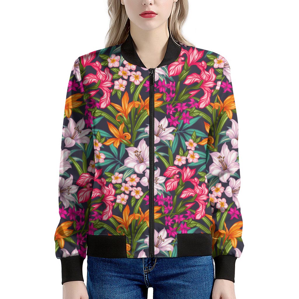 Tropical Flowers Pattern Print Women's Bomber Jacket