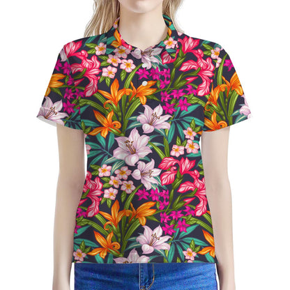 Tropical Flowers Pattern Print Women's Polo Shirt