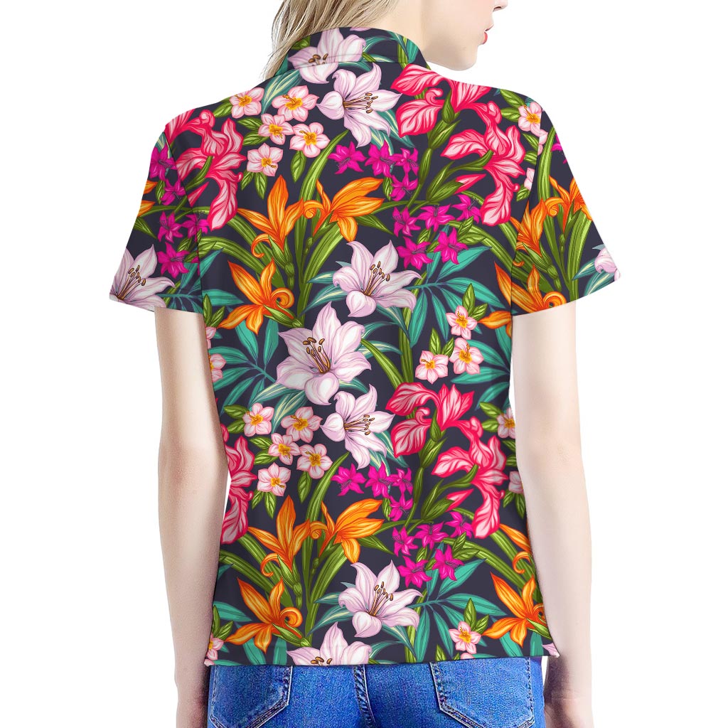 Tropical Flowers Pattern Print Women's Polo Shirt