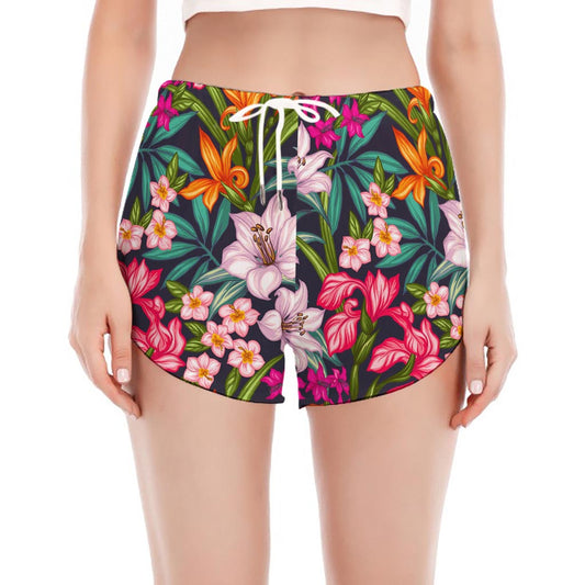 Tropical Flowers Pattern Print Women's Split Running Shorts