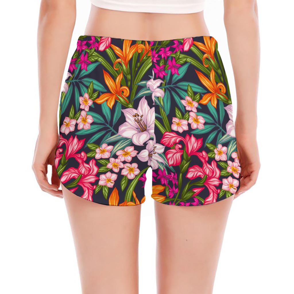 Tropical Flowers Pattern Print Women's Split Running Shorts