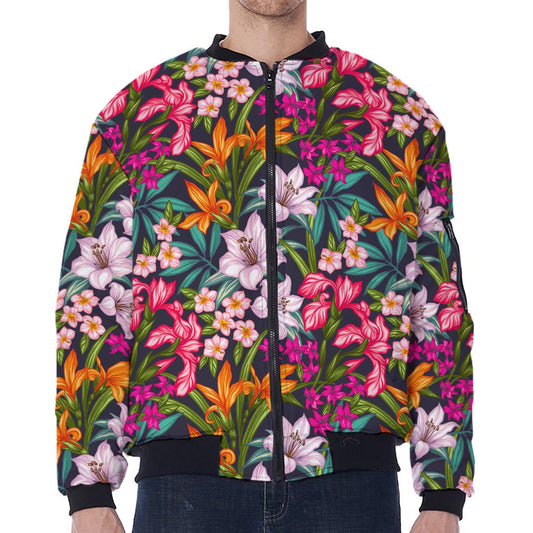 Tropical Flowers Pattern Print Zip Sleeve Bomber Jacket
