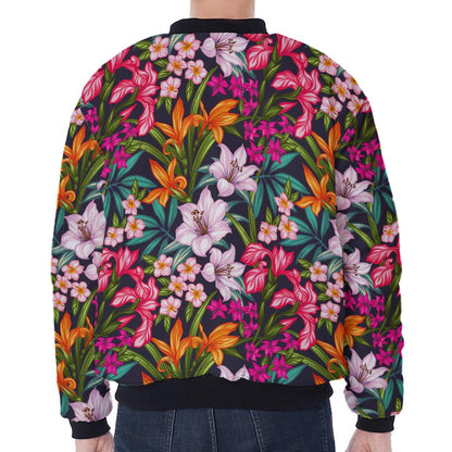 Tropical Flowers Pattern Print Zip Sleeve Bomber Jacket