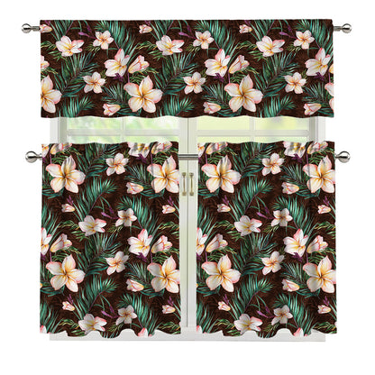 Tropical Frangipani Flower Print 3 Piece Kitchen Curtains