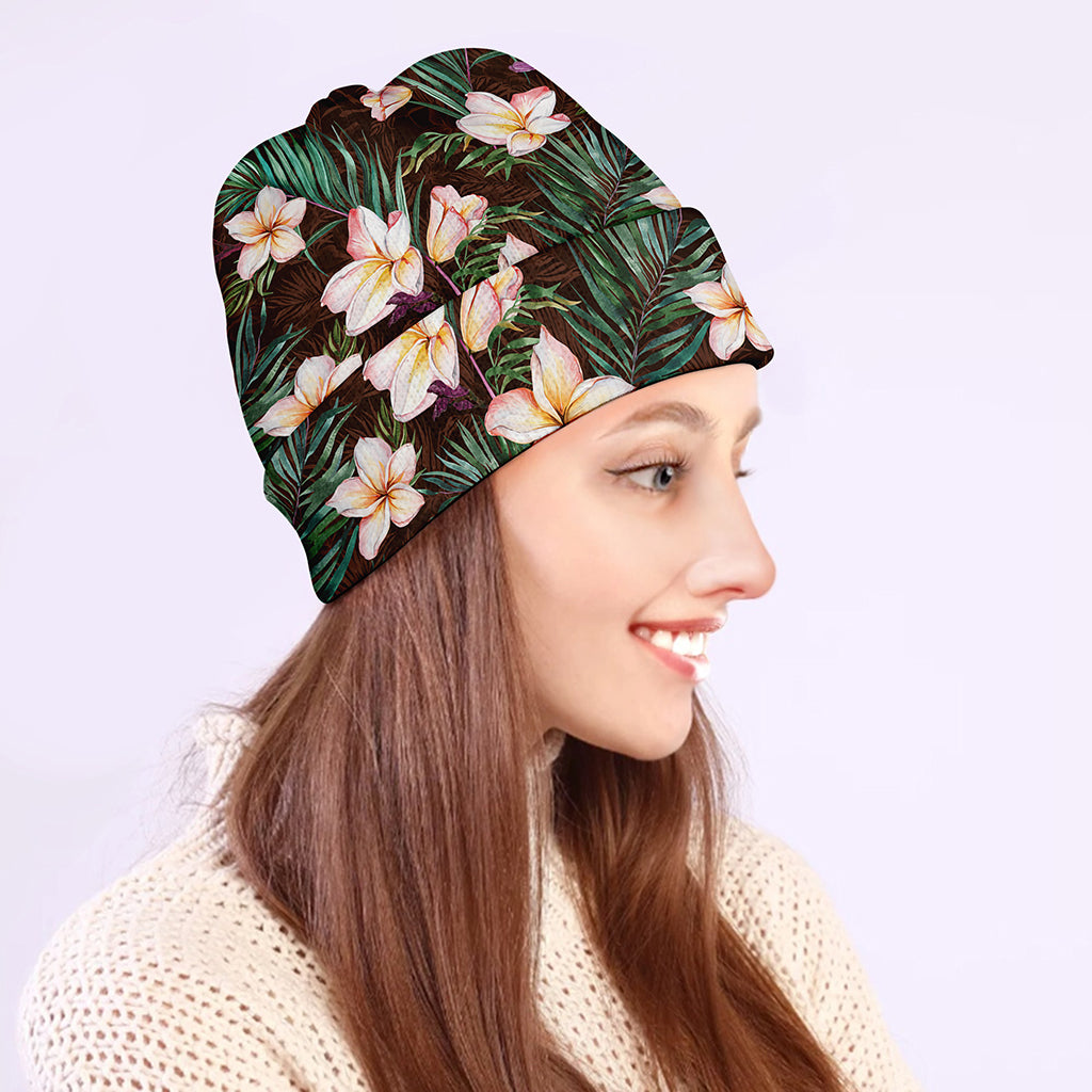 Tropical Frangipani Flower Print Beanie