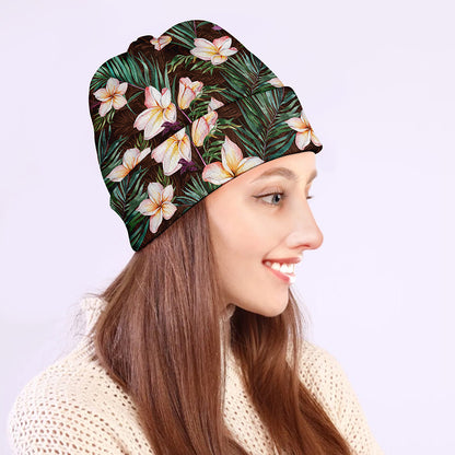 Tropical Frangipani Flower Print Beanie