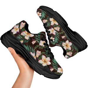 Tropical Frangipani Flower Print Black Chunky Shoes