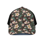 Tropical Frangipani Flower Print Black Mesh Trucker Cap