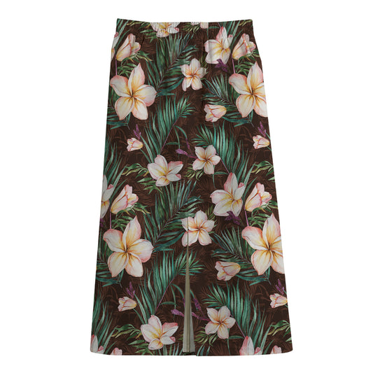 Tropical Frangipani Flower Print Cotton Front Slit Maxi Skirt