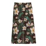 Tropical Frangipani Flower Print Cotton Front Slit Maxi Skirt
