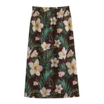 Tropical Frangipani Flower Print Cotton Front Slit Maxi Skirt
