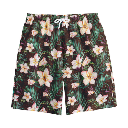 Tropical Frangipani Flower Print Cotton Shorts