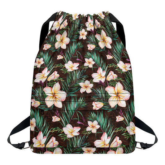 Tropical Frangipani Flower Print Drawstring Backpack