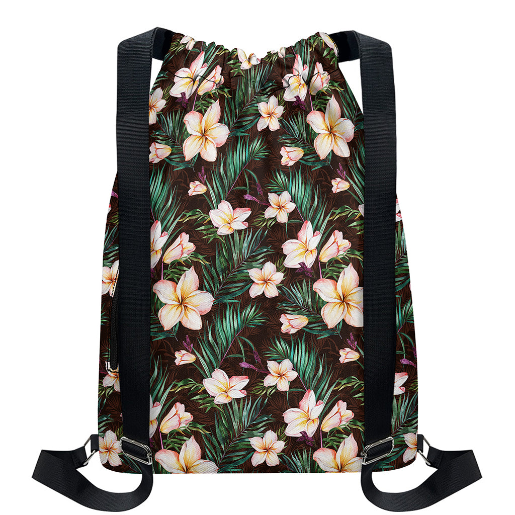 Tropical Frangipani Flower Print Drawstring Backpack
