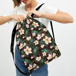 Tropical Frangipani Flower Print Drawstring Backpack