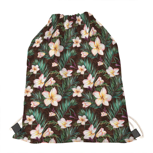 Tropical Frangipani Flower Print Drawstring Bag