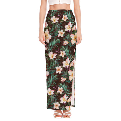 Tropical Frangipani Flower Print High Slit Maxi Skirt