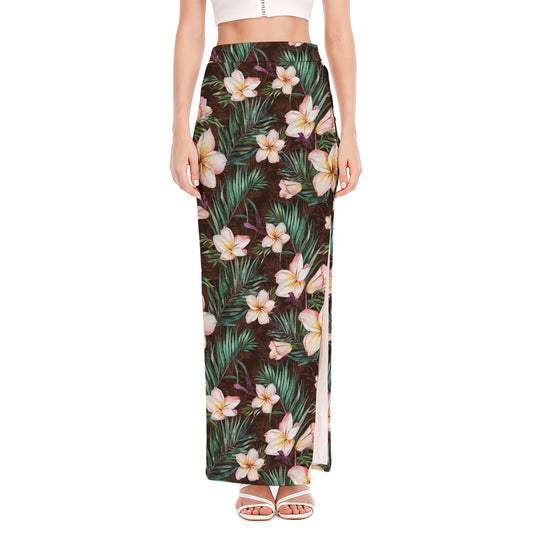 Tropical Frangipani Flower Print High Slit Maxi Skirt