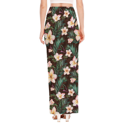 Tropical Frangipani Flower Print High Slit Maxi Skirt