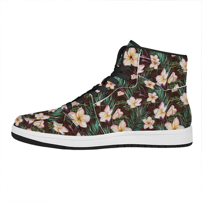 Tropical Frangipani Flower Print High Top Leather Sneakers
