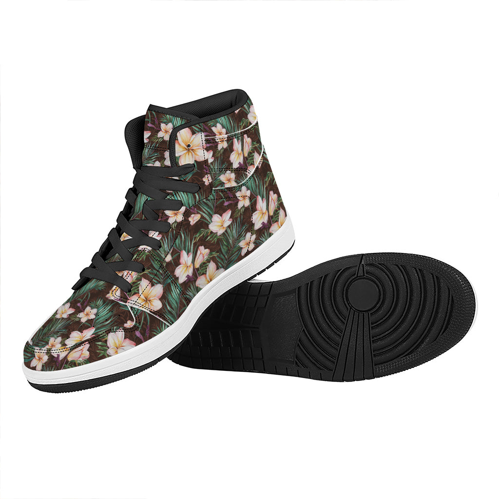 Tropical Frangipani Flower Print High Top Leather Sneakers