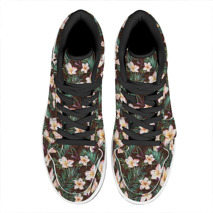 Tropical Frangipani Flower Print High Top Leather Sneakers