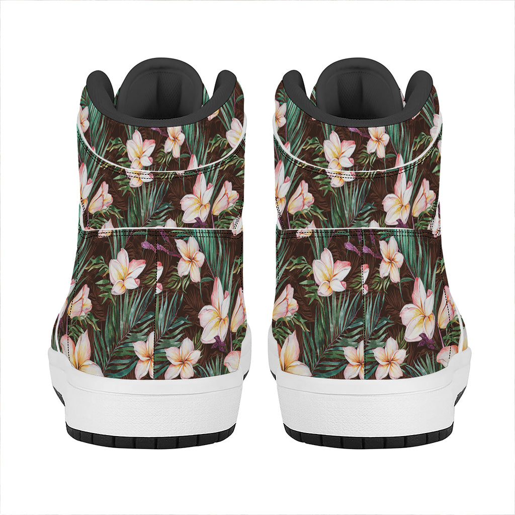 Tropical Frangipani Flower Print High Top Leather Sneakers