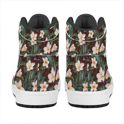 Tropical Frangipani Flower Print High Top Leather Sneakers
