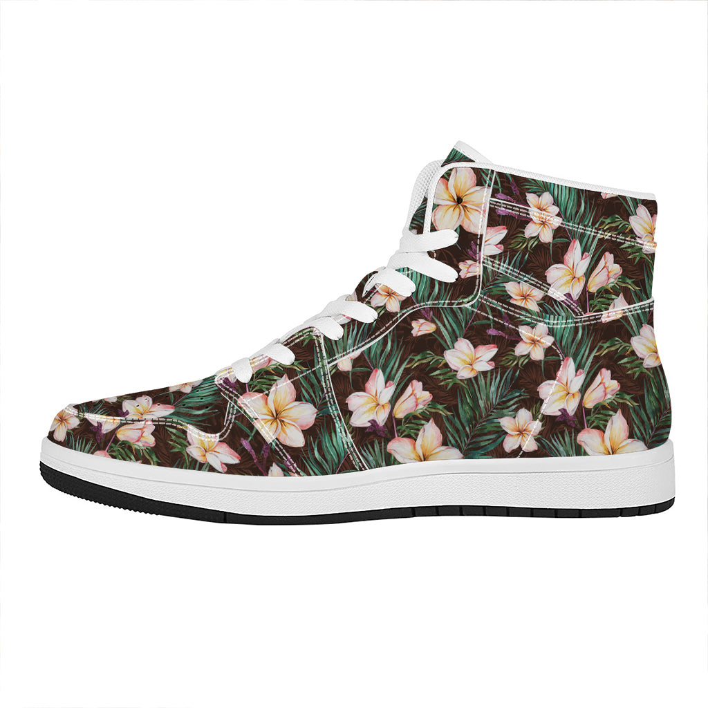 Tropical Frangipani Flower Print High Top Leather Sneakers