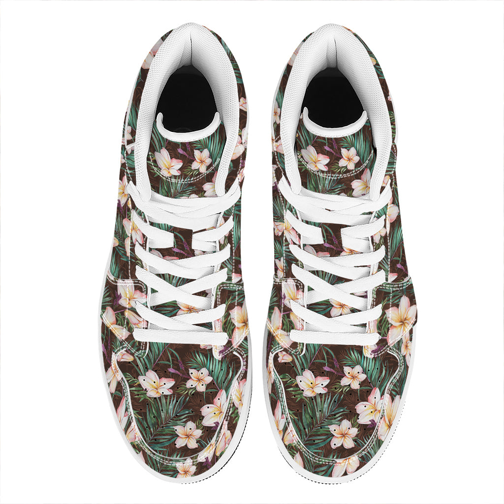 Tropical Frangipani Flower Print High Top Leather Sneakers