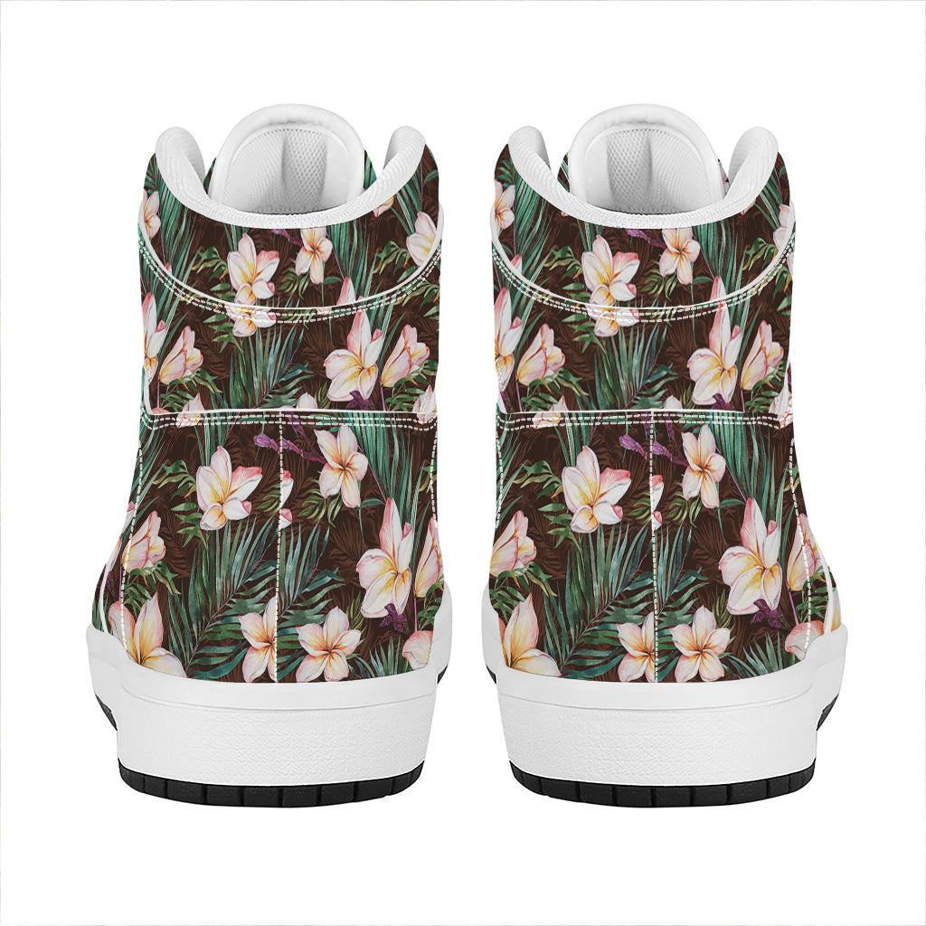 Tropical Frangipani Flower Print High Top Leather Sneakers