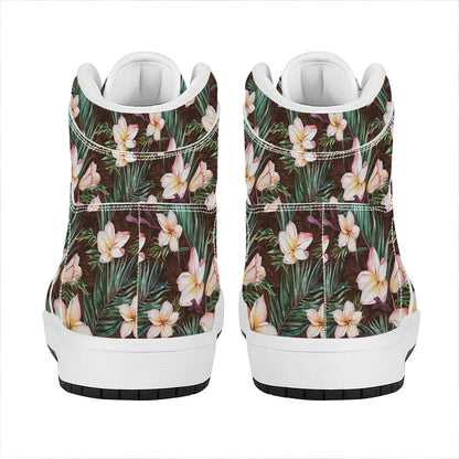 Tropical Frangipani Flower Print High Top Leather Sneakers
