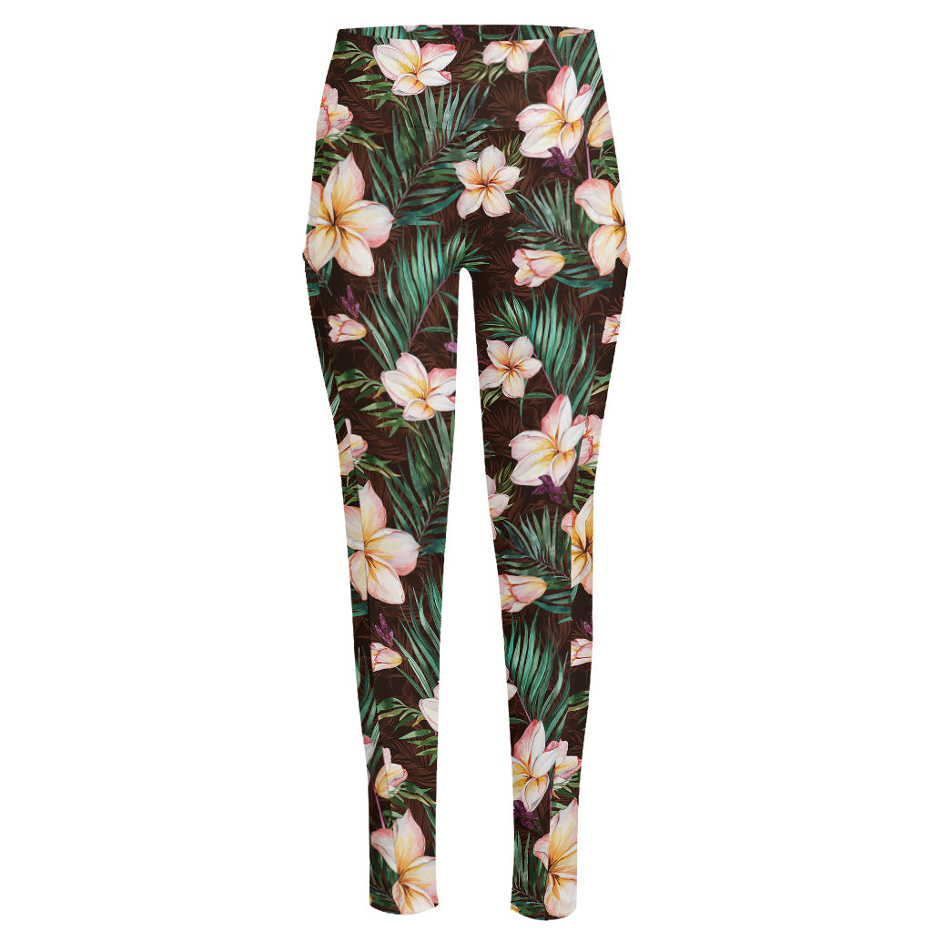 Tropical Frangipani Flower Print High-Waisted Pocket Leggings