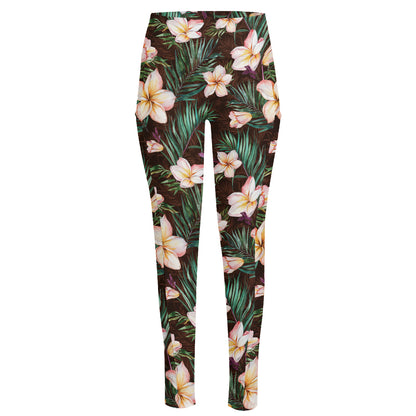 Tropical Frangipani Flower Print High-Waisted Pocket Leggings