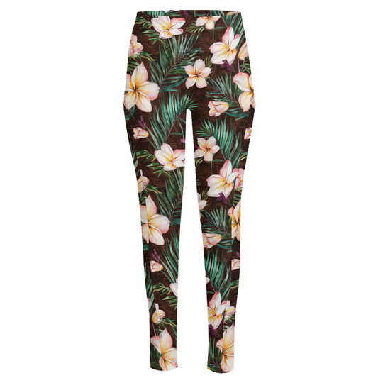 Tropical Frangipani Flower Print High-Waisted Pocket Leggings