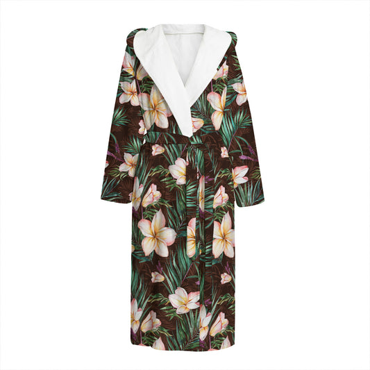 Tropical Frangipani Flower Print Hooded Bathrobe