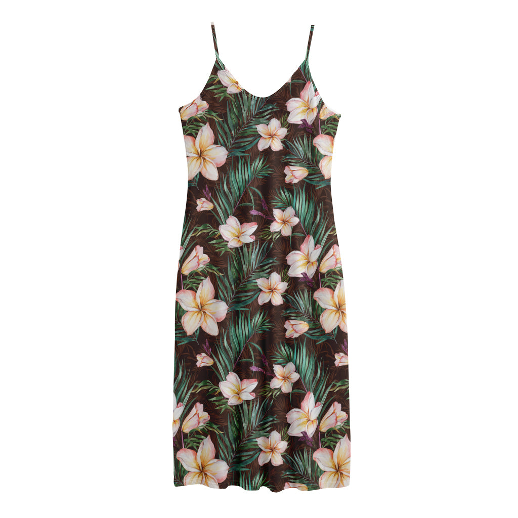 Tropical Frangipani Flower Print Jersey Midi Cami Dress