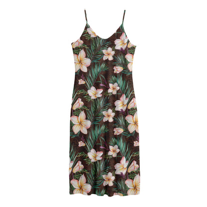 Tropical Frangipani Flower Print Jersey Midi Cami Dress
