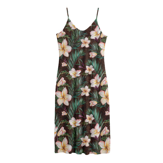 Tropical Frangipani Flower Print Jersey Midi Cami Dress