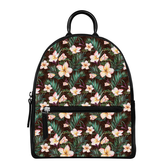 Tropical Frangipani Flower Print Leather Backpack