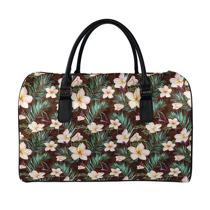 Tropical Frangipani Flower Print Leather Duffle Bag