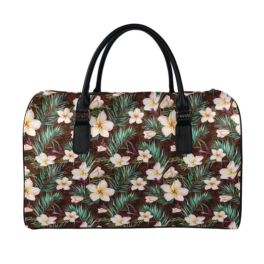 Tropical Frangipani Flower Print Leather Duffle Bag