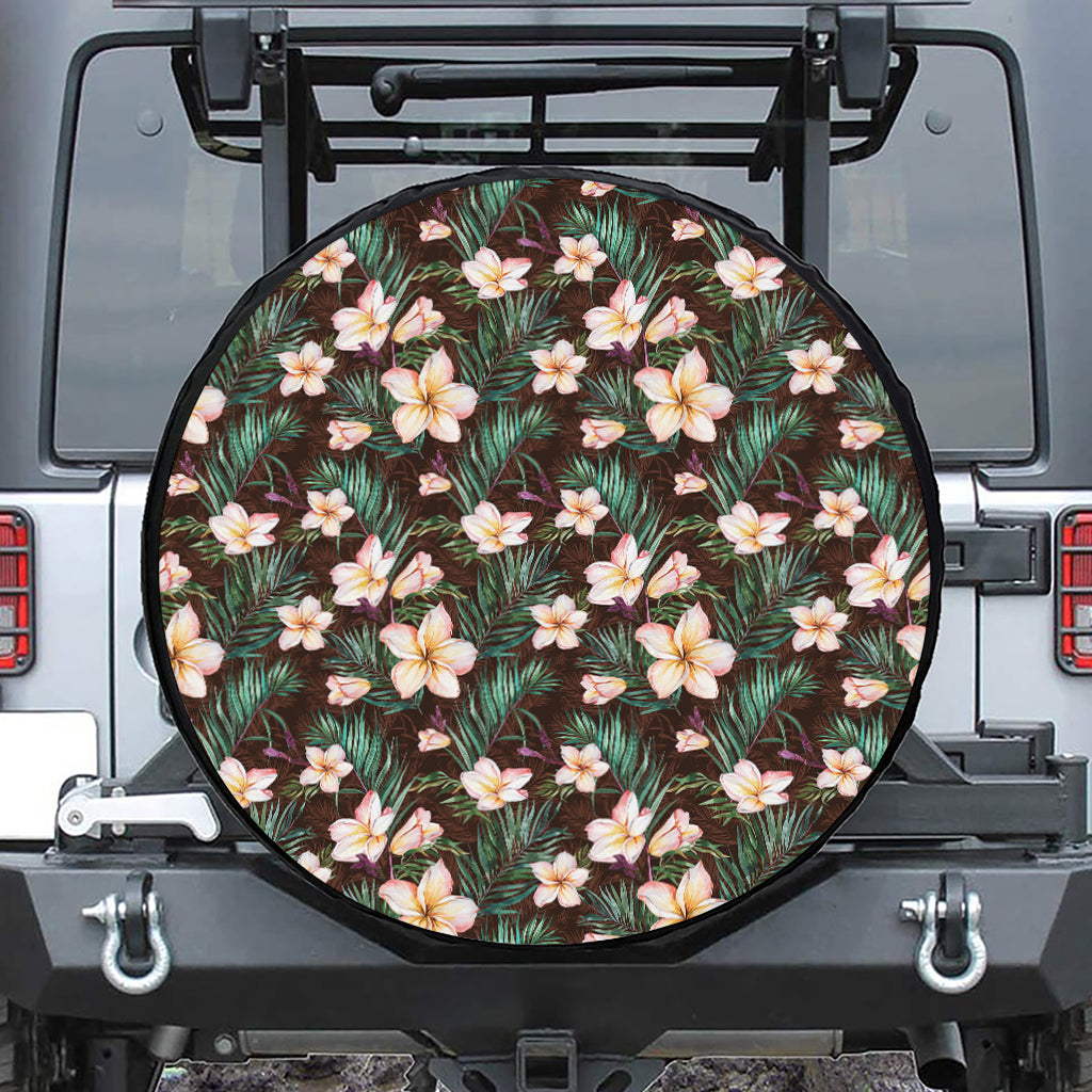 Tropical Frangipani Flower Print Leather Spare Tire Cover