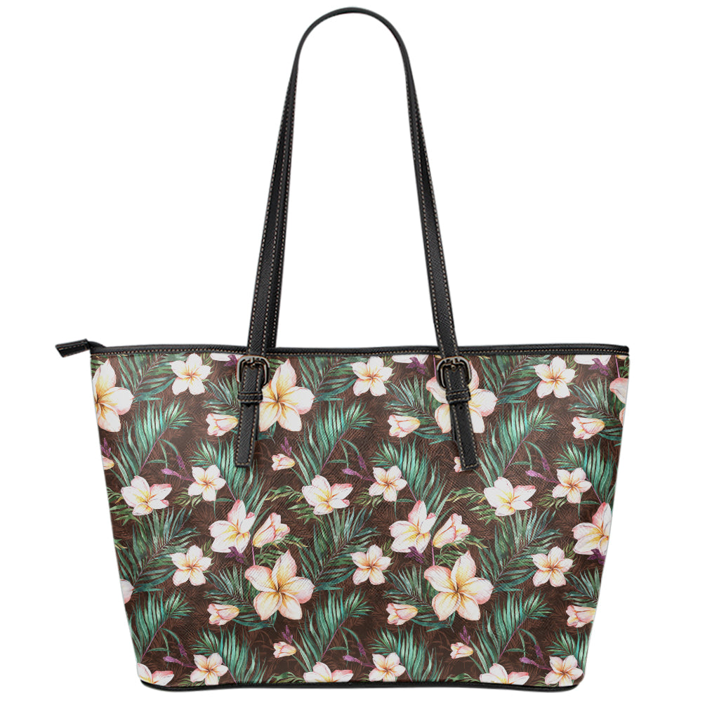 Tropical Frangipani Flower Print Leather Tote Bag