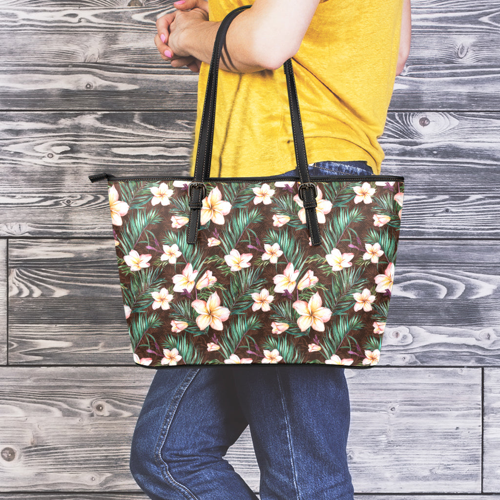 Tropical Frangipani Flower Print Leather Tote Bag