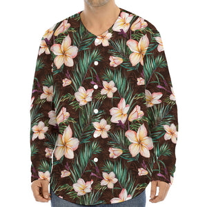 Tropical Frangipani Flower Print Long Sleeve Baseball Jersey